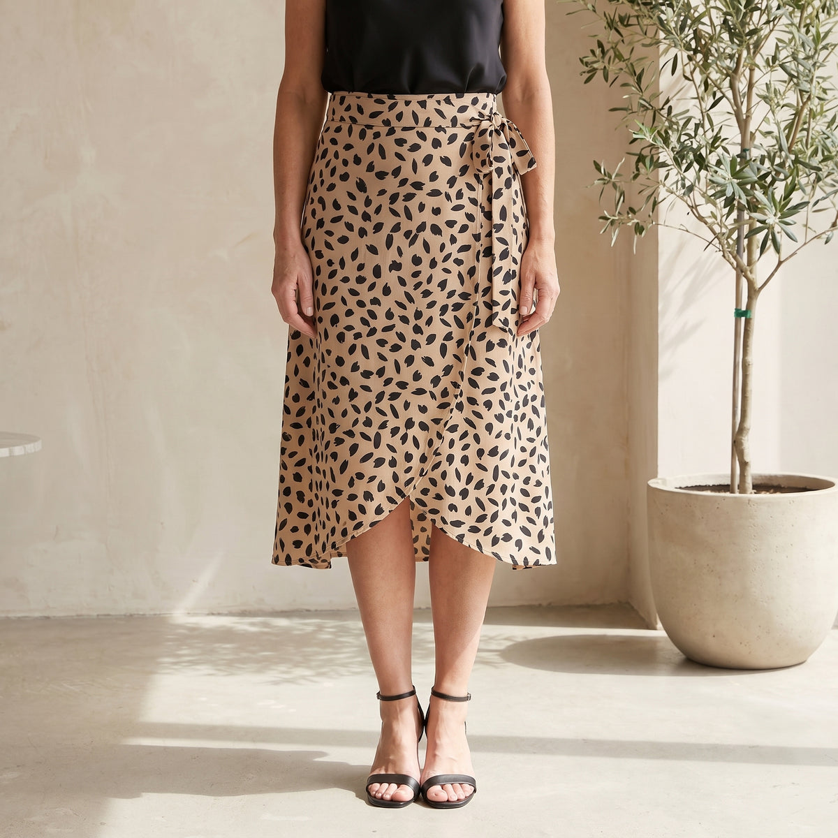Wrap-Style Midi Skirt with Side Tie Waist for Women