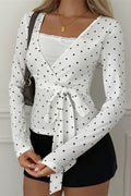 Wrap Blouse with Polka Dots and a Waist Tie for Womens