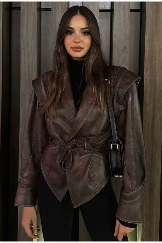 Wrap Coat in Faux Leather with a Tie Waist for Womens