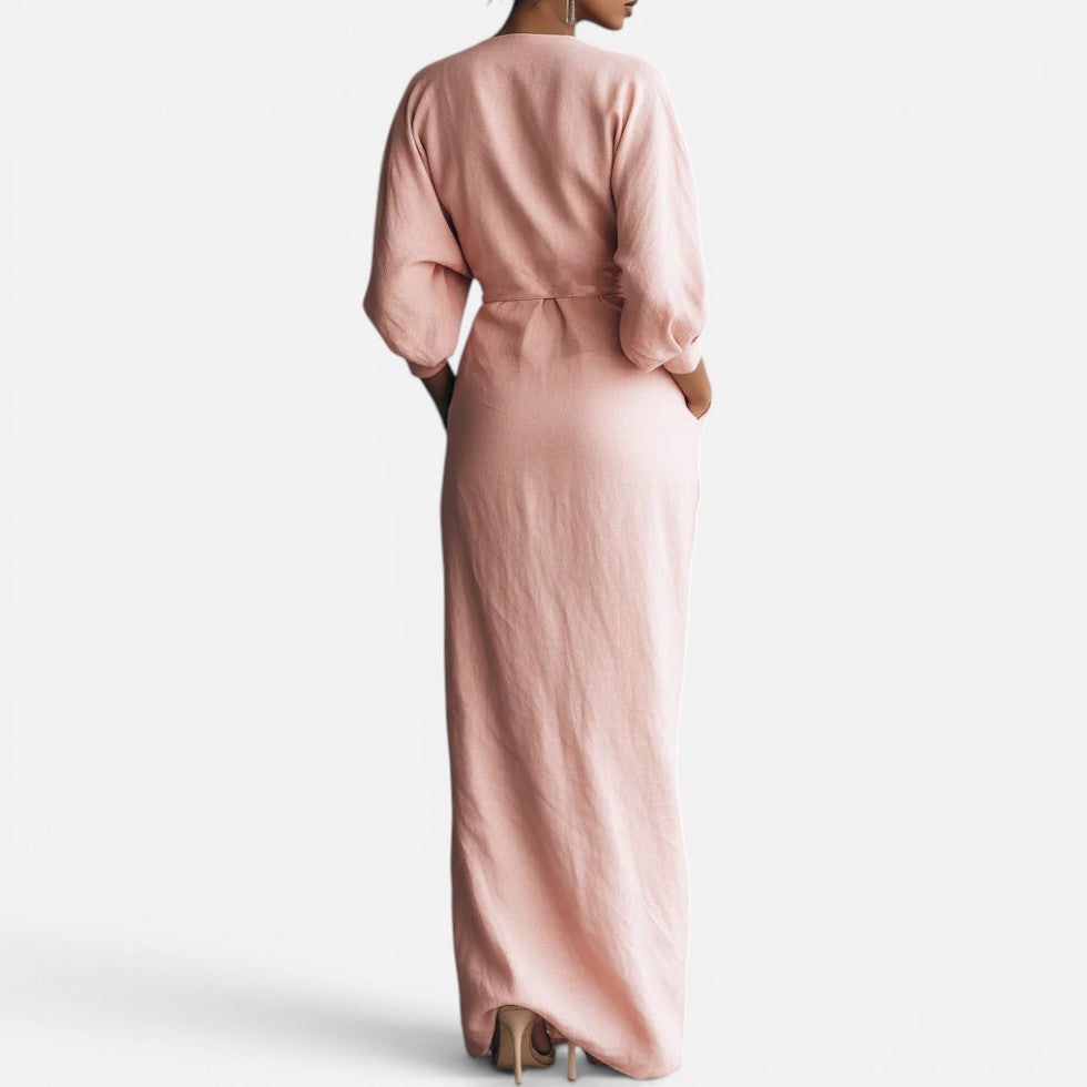 Wrap Style Maxi Dress with Ruched Waist and V Neck for women
