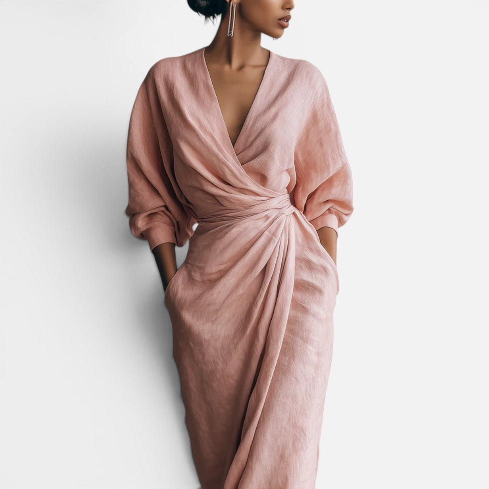 Wrap Style Maxi Dress with Ruched Waist and V Neck for women