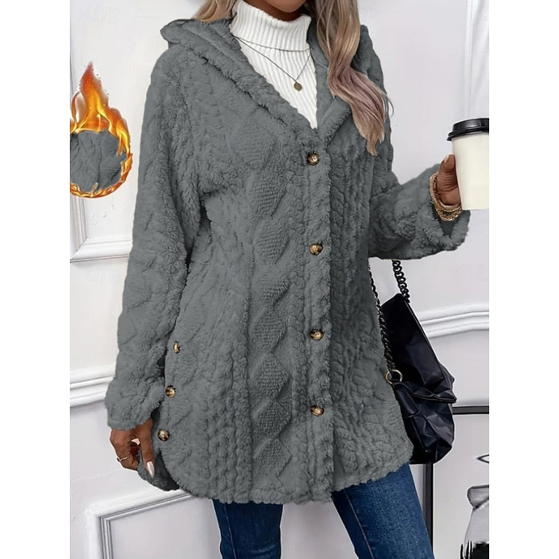 Hooded Jacket with Plush Texture and Open Front for Womens