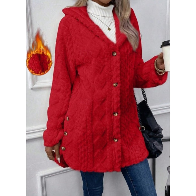 Hooded Jacket with Plush Texture and Open Front for Womens