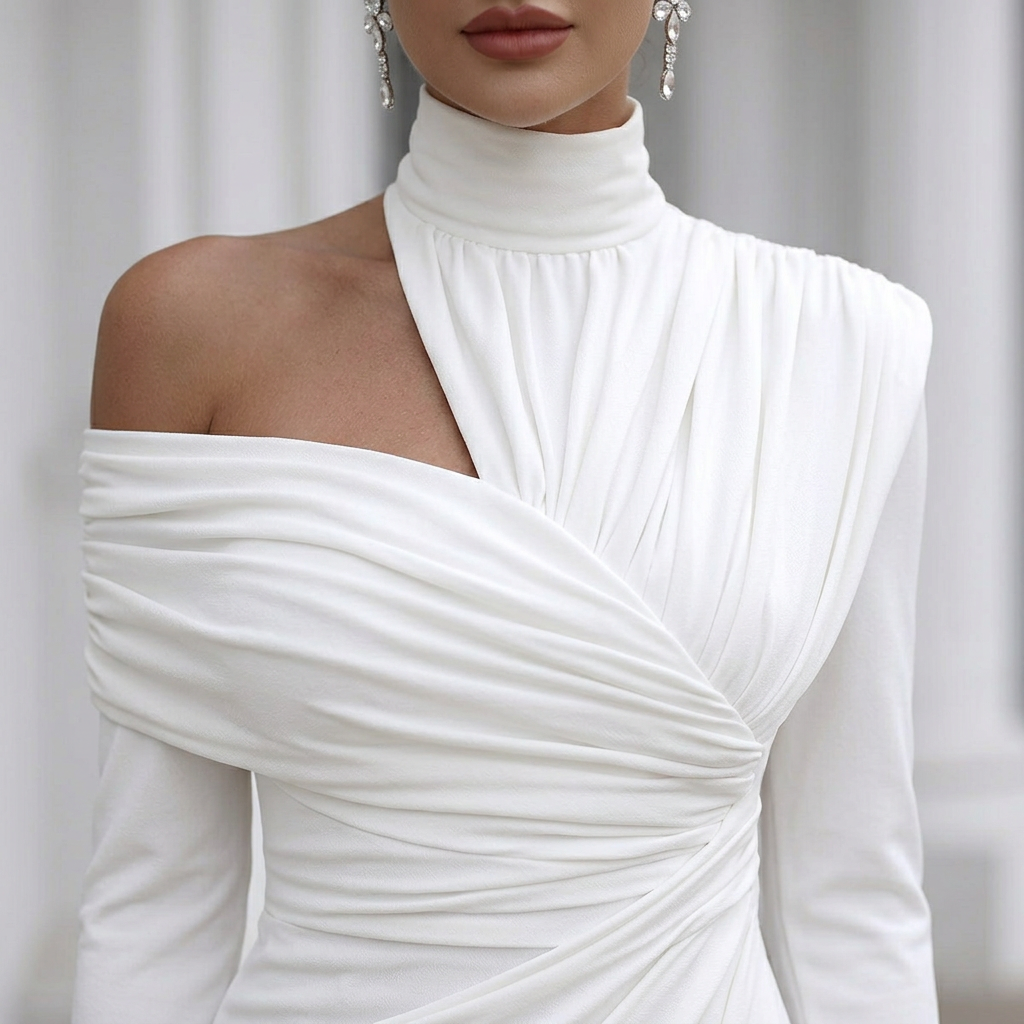 Asymmetric Neckline Evening Midi Dress with Front Slit for Women