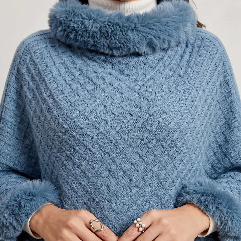 Textured Knit Poncho with Fur-Like Trim for Women