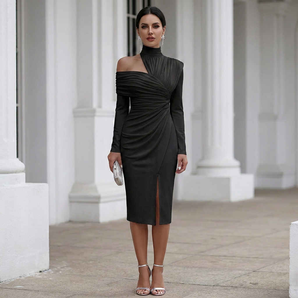 Asymmetric Neckline Evening Midi Dress with Front Slit for Women