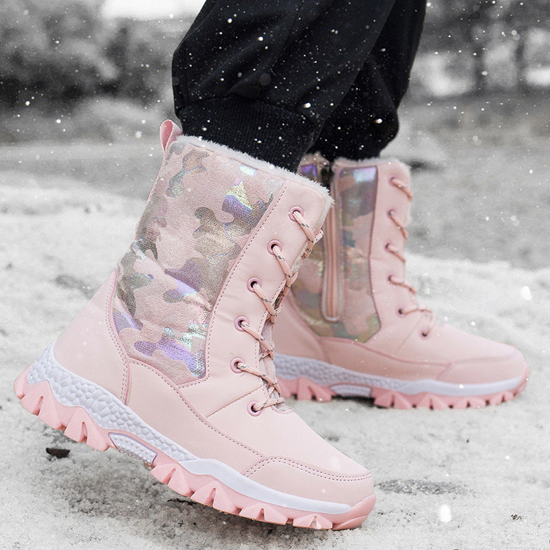 Iridescent Panel Winter Boots with Side Zipper for Women