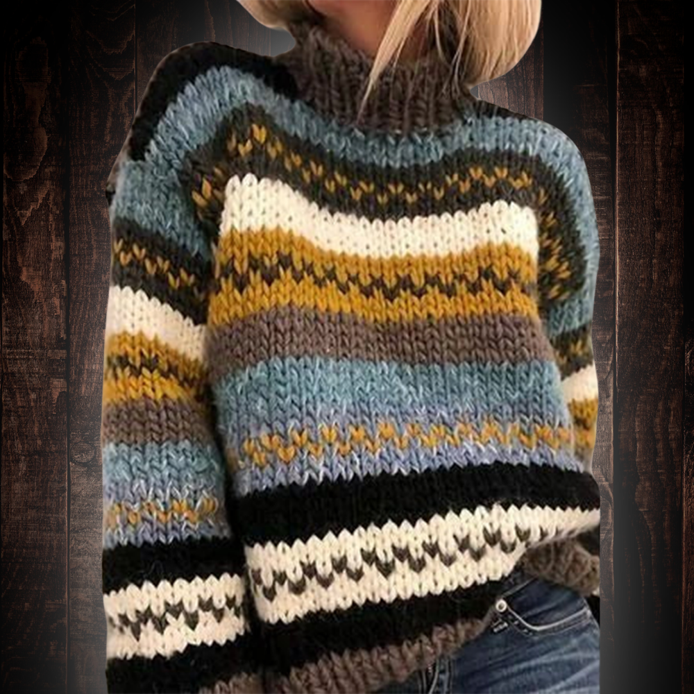 Chunky Striped Knit Sweater with High Neck for Women