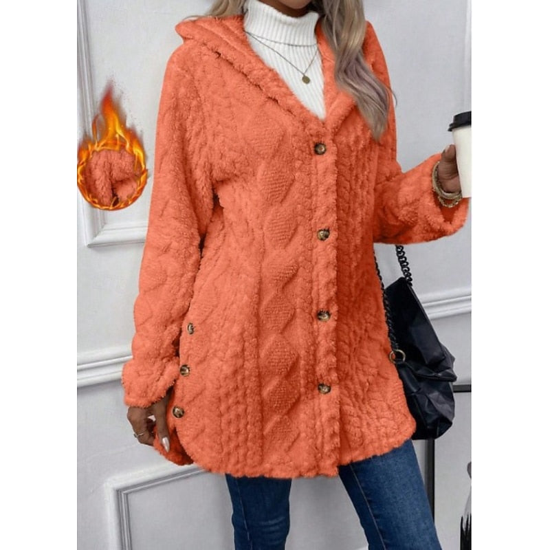 Hooded Jacket with Plush Texture and Open Front for Womens