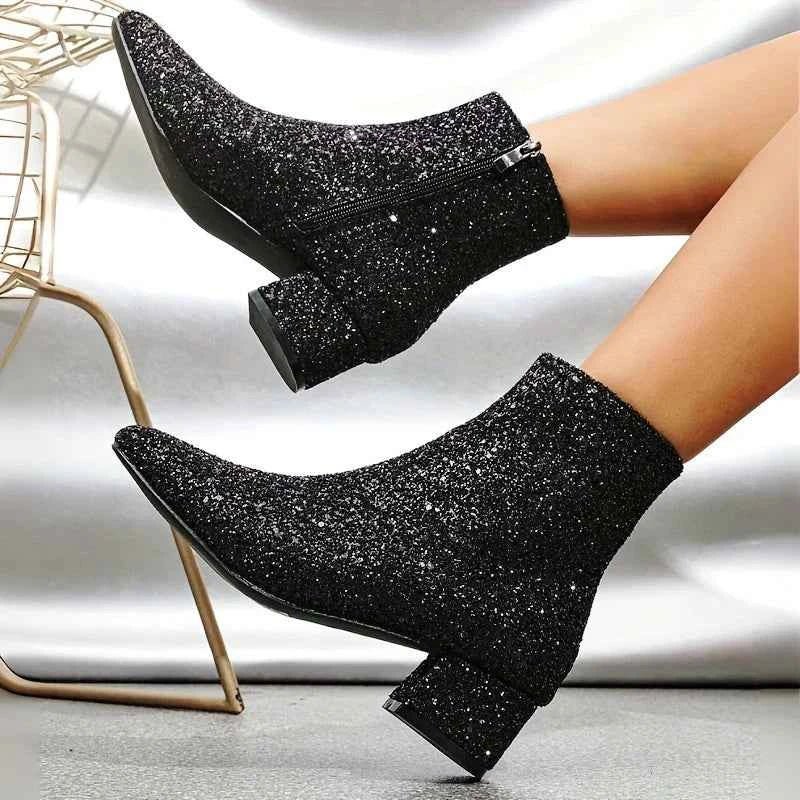 Glitter-Covered Ankle Boots with Block Heels for Women