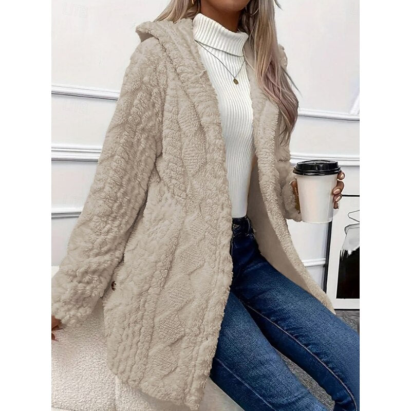 Hooded Jacket with Plush Texture and Open Front for Womens