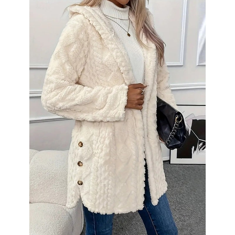 Hooded Jacket with Plush Texture and Open Front for Womens