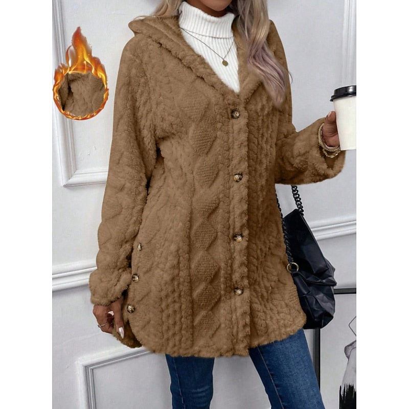 Hooded Jacket with Plush Texture and Open Front for Womens