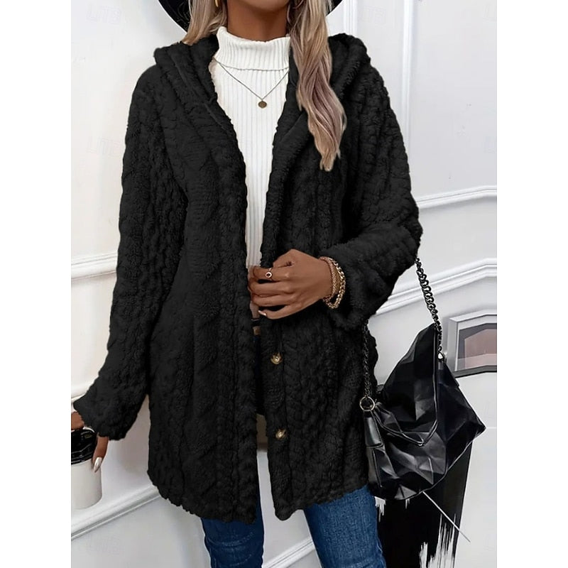 Hooded Jacket with Plush Texture and Open Front for Womens