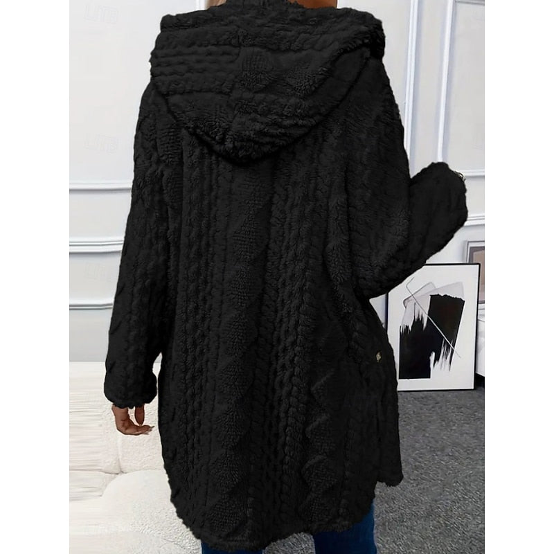 Hooded Jacket with Plush Texture and Open Front for Womens