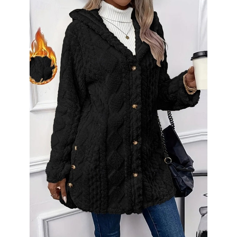 Hooded Jacket with Plush Texture and Open Front for Womens