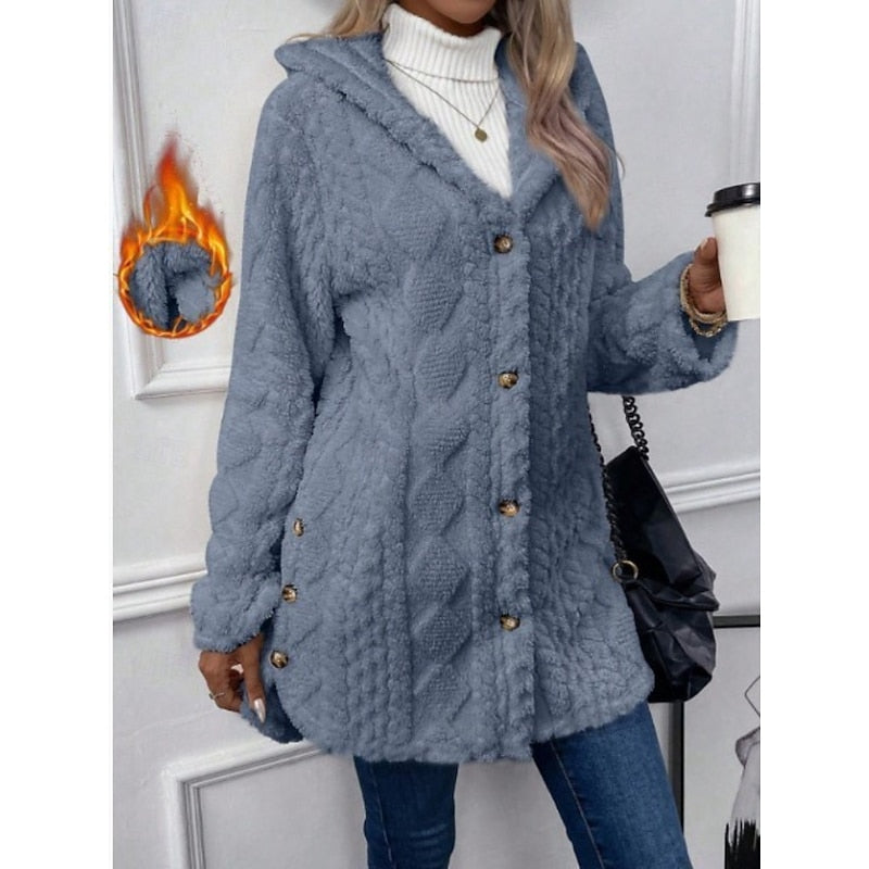 Hooded Jacket with Plush Texture and Open Front for Womens