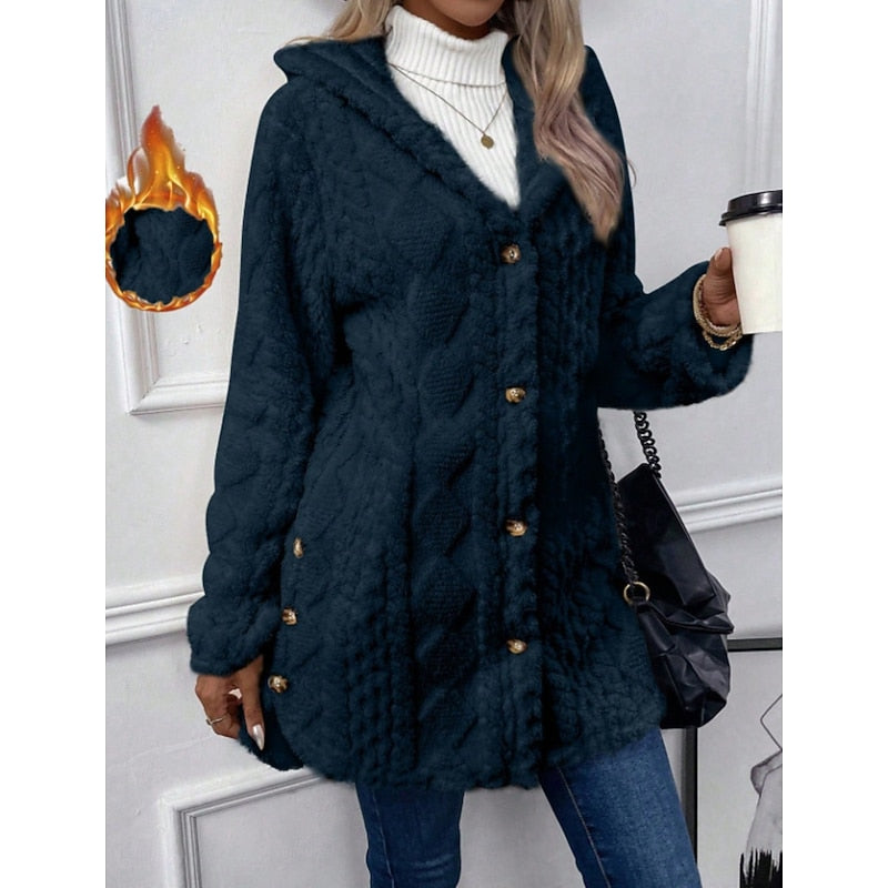 Hooded Jacket with Plush Texture and Open Front for Womens