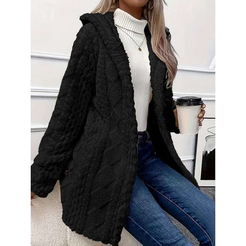 Hooded Jacket with Plush Texture and Open Front for Womens