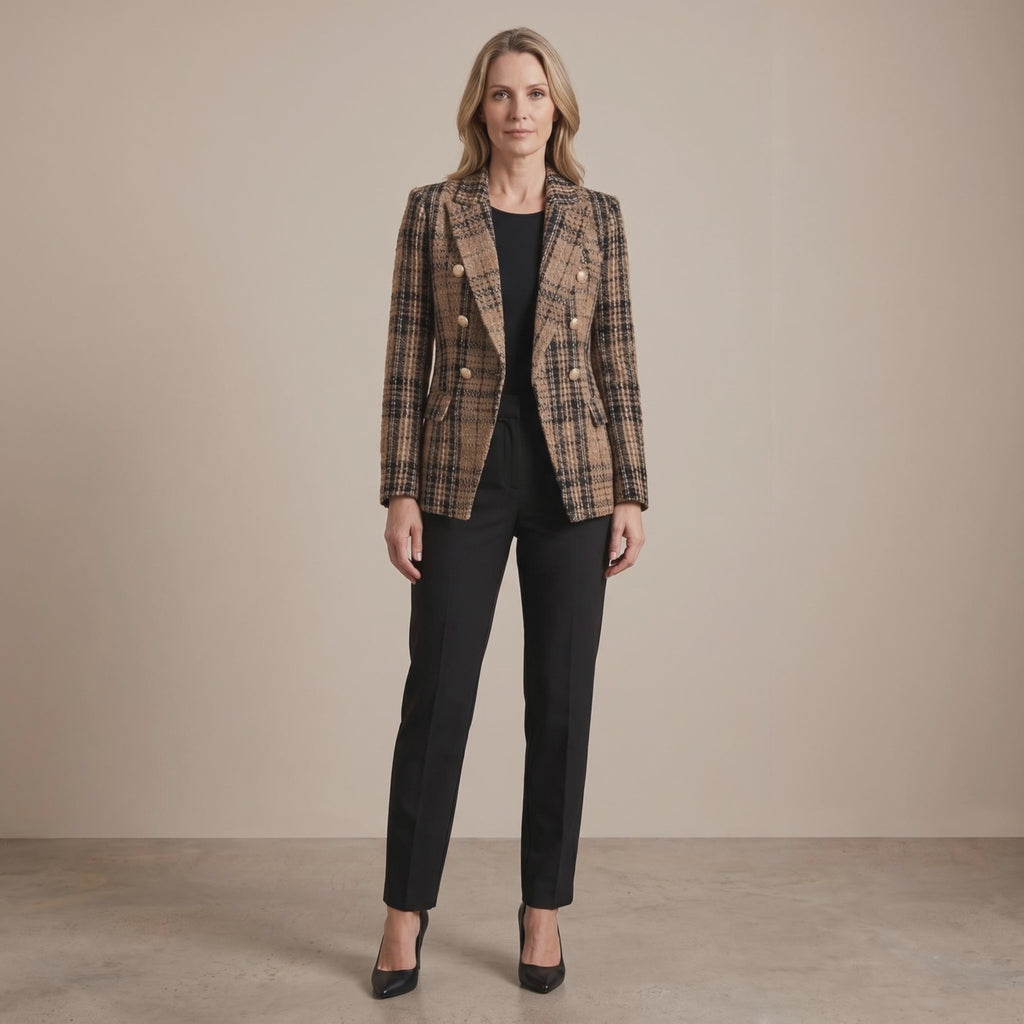 Plaid Blazer with Notched Lapels for Women
