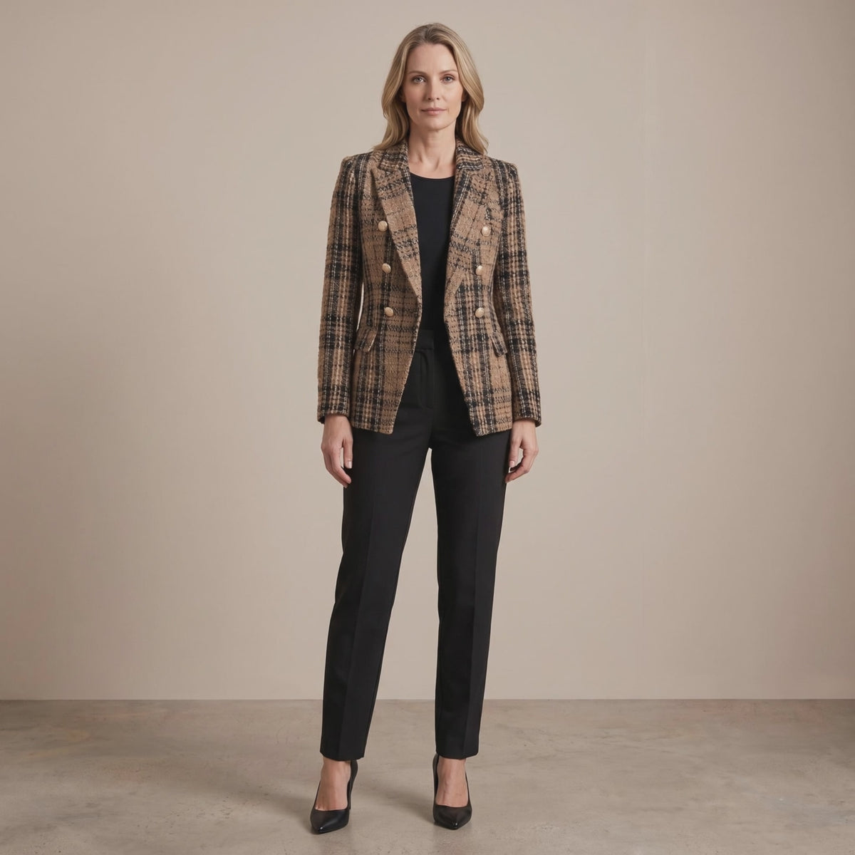 Plaid Blazer with Notched Lapels for Women