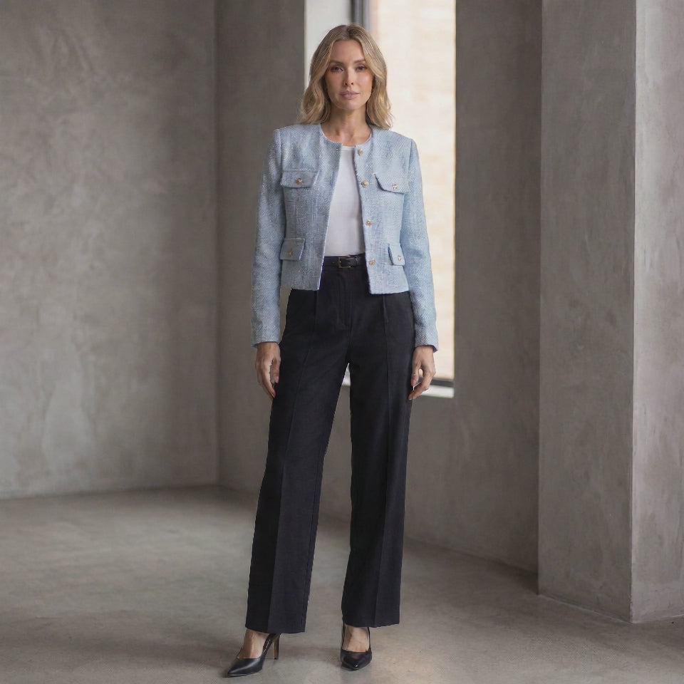 Collarless Cropped Blazer with Four Flap Pockets for Women