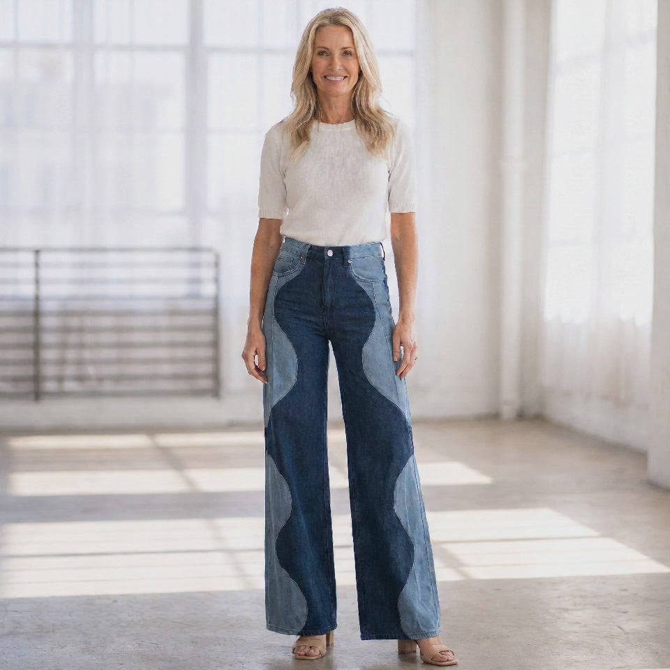 Two-Tone Curved Panel Wide-Leg Denim-Style Trousers with Front Pockets for Women