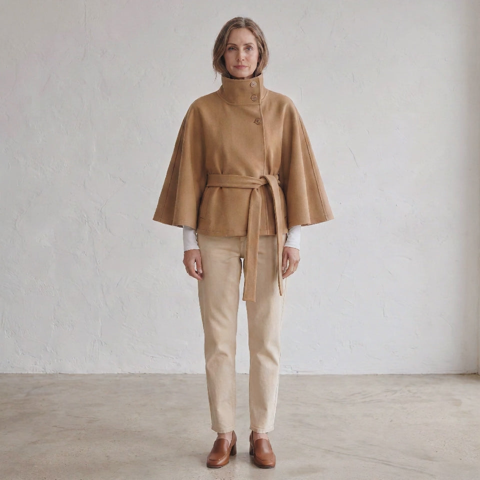 Wide Sleeve Cape Coat with Self-Tie Waist Belt for Women