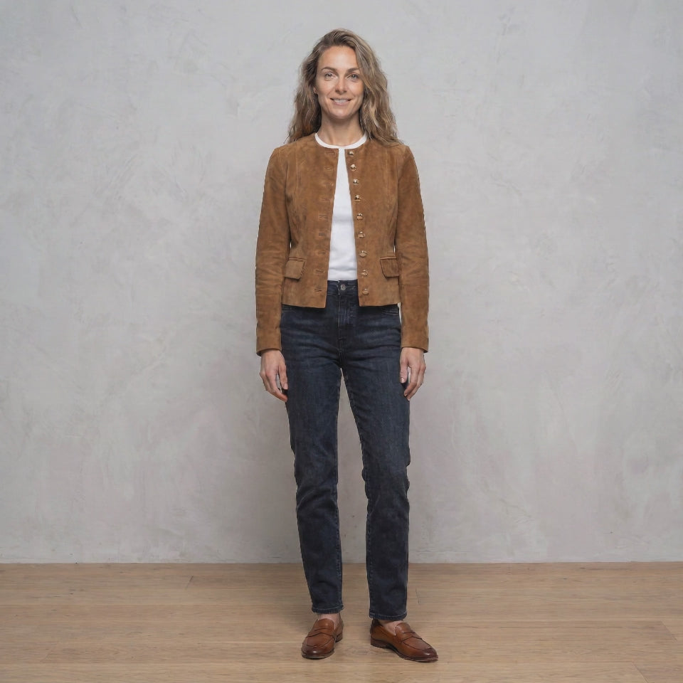 Suede Collarless Jacket with Flap Pockets for Women