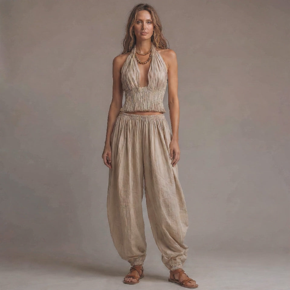 Smocked Two-Piece Halter Top and Harem Pants Set with Gathered Ankle Cuffs for Women
