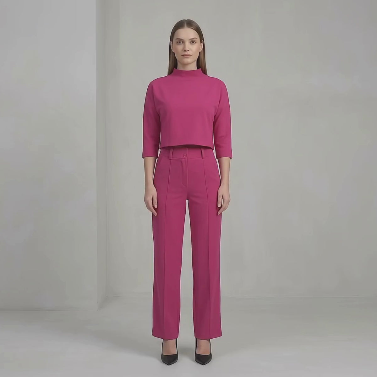 High-Waisted Trouser Set with Cropped Boxy Top for Women