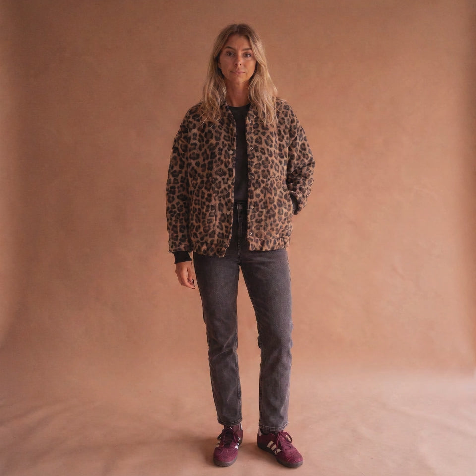 All-Over Leopard Print Teddy Fleece Jacket with Stand Collar for Women