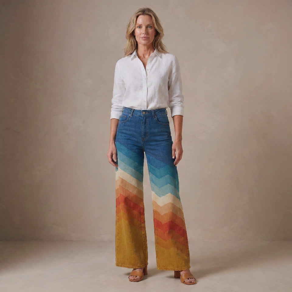 Multicolor Zigzag Pattern Wide-Leg Trousers with Front Pockets for Women
