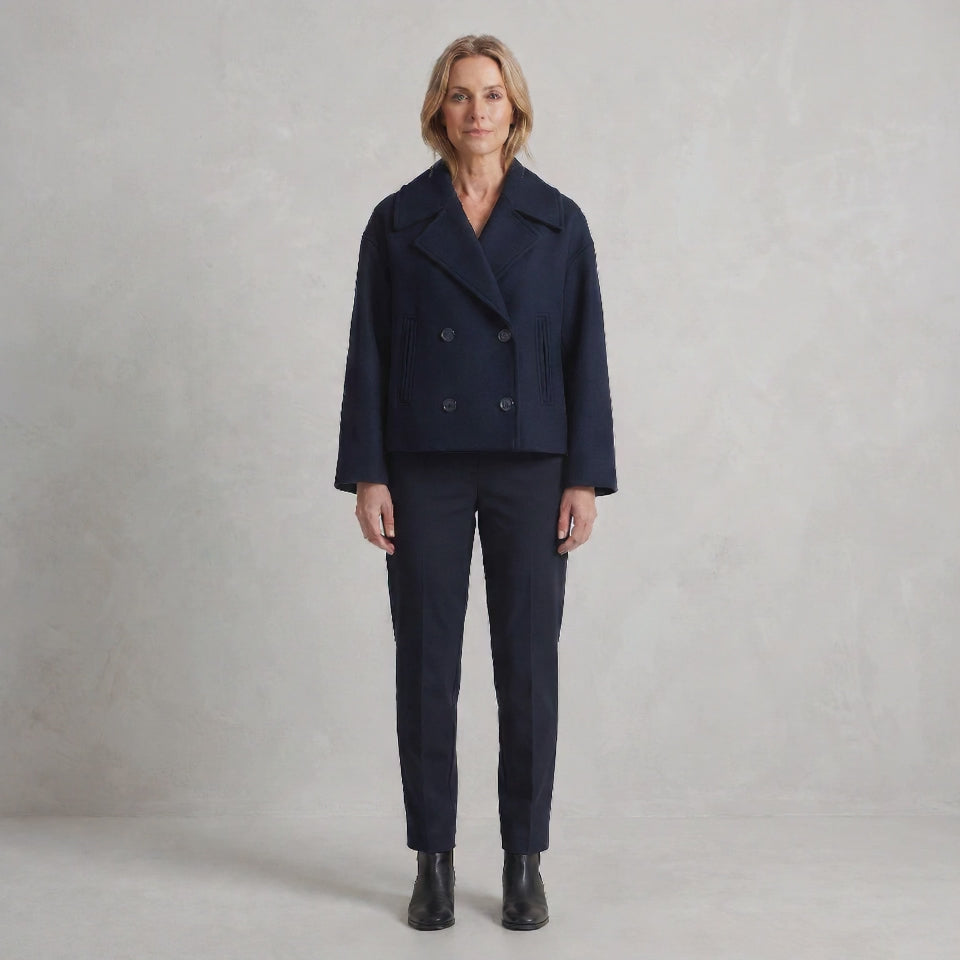 Four-Button Pea Coat with Wide Lapels for Women