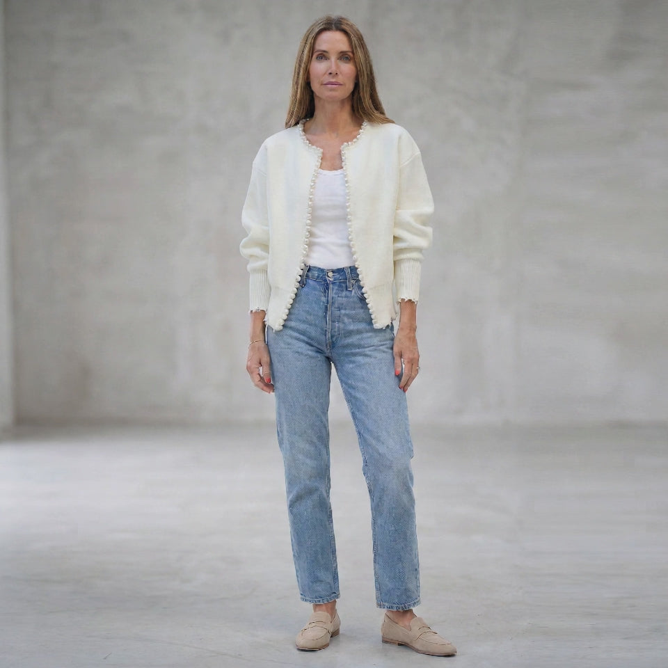 Pearl-Style Trim Cardigan with Ribbed Cuffs for Women