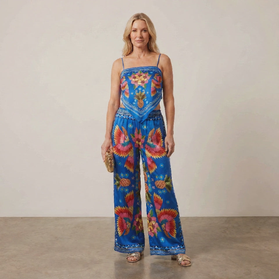 Tropical Print Two-Piece Top and Pants Set with Scarf-Style Cropped Top for Women