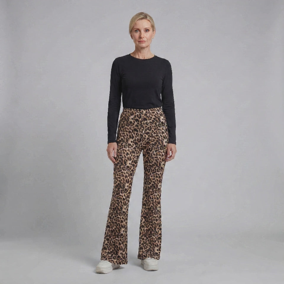 Leopard Print Bootcut Trousers with High-Rise Waistband for Women