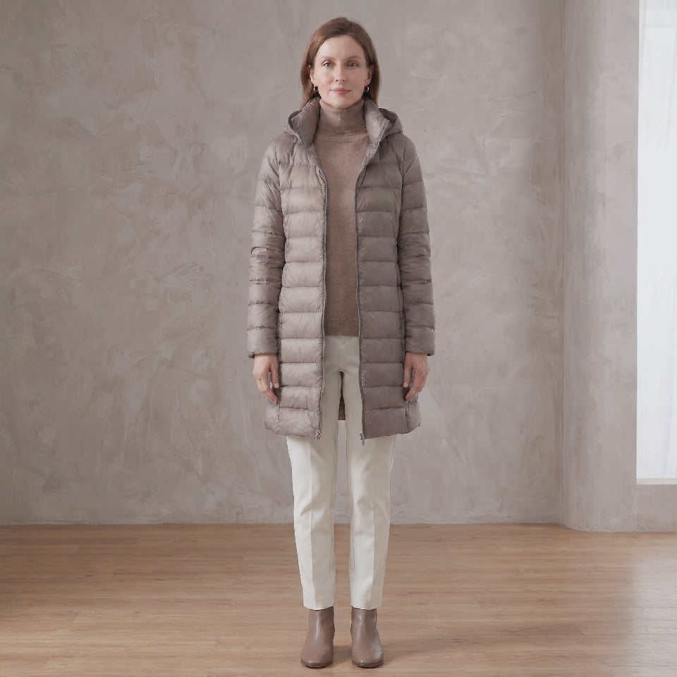 Quilted Long Puffer Jacket with Oversized Attached Hood for Women