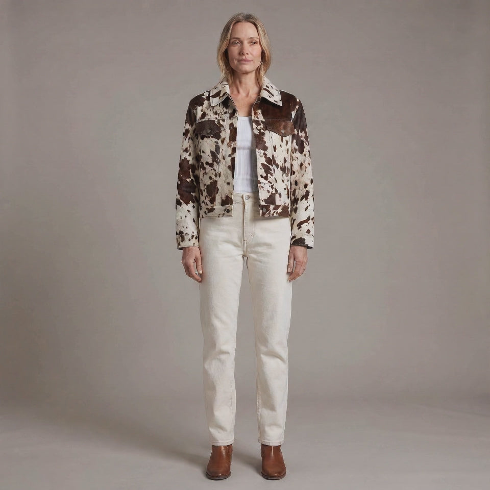 Allover Cow Print Trucker Jacket with Chest Flap Pockets for Women
