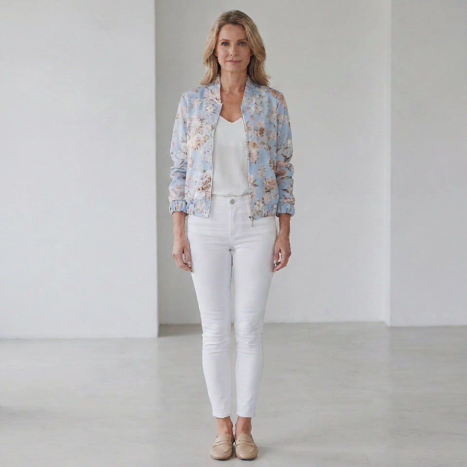 Floral Print Bomber Jacket with Elasticated Cuffs for Women