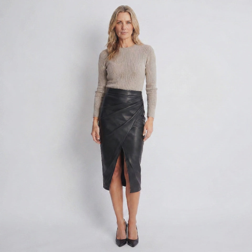 Fitted Midi Pencil Skirt with Gathered Wrap Front for Women