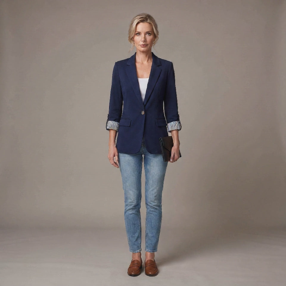 Striped Rolled-Cuff Blazer with Front Flap Pockets for Women