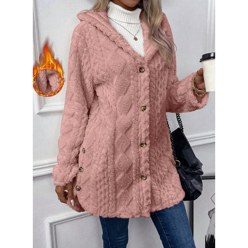 Hooded Jacket with Plush Texture and Open Front for Womens